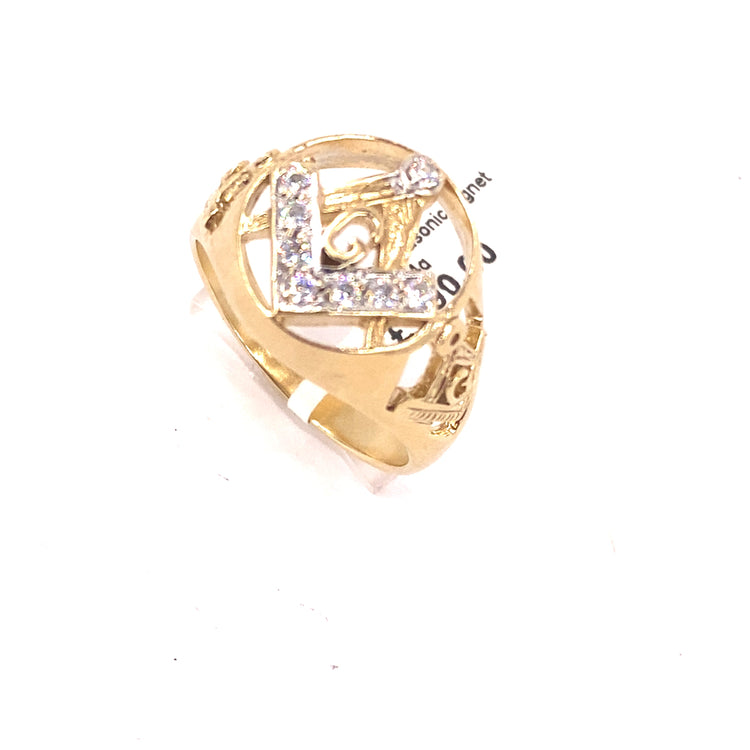 Men’s 9ct Yellow Gold CZ Masonic Signet Ring - 6.4g Size V - Hyman’s Jewellers