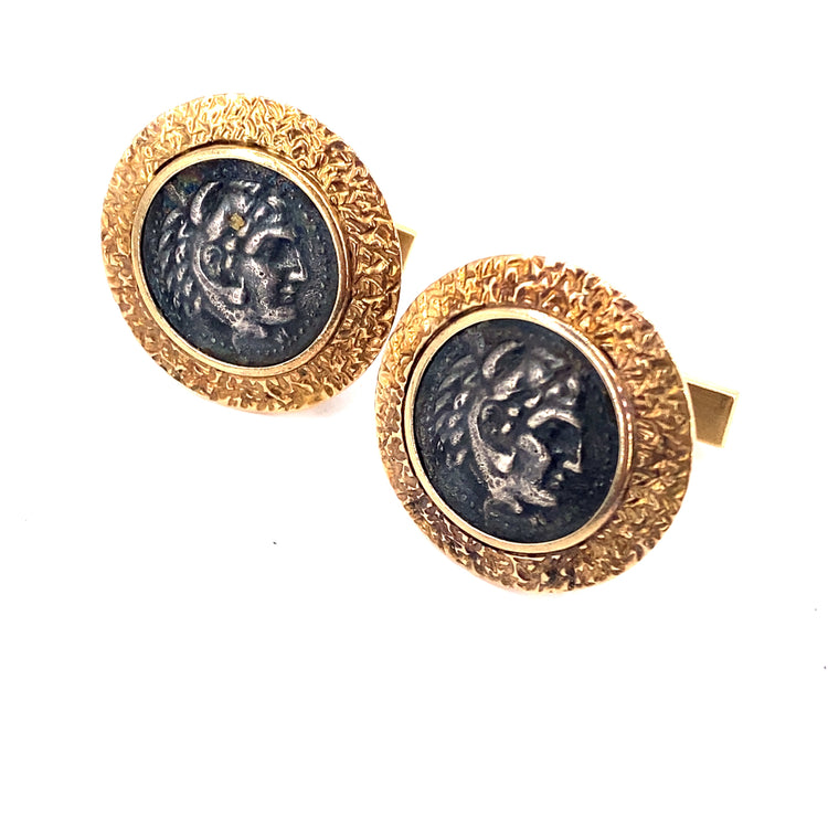 Men’s 9ct Yellow Gold Engraved Roman Coin Style Cufflinks - Hyman’s Jewellers