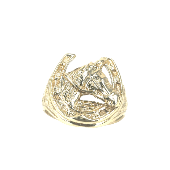 Men’s 9ct Yellow Gold Horseshoe and Horse Head Signet Ring - 9g Size W - Hyman’s Jewellers