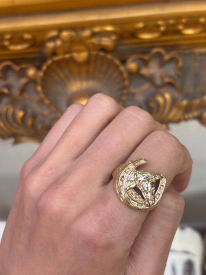 Men’s 9ct Yellow Gold Horseshoe and Horse Head Signet Ring - 9g Size W - Hyman’s Jewellers