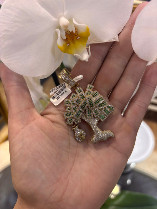 Men’s 9ct Yellow Gold Money Tree Pendant with white and Green Cz - 13.3G 6cm - Hyman’s Jewellers