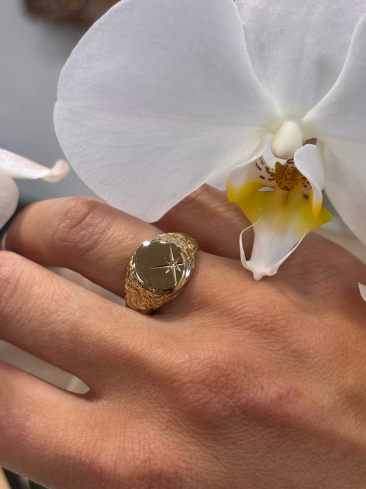 Men’s 9ct Yellow Gold Nugget Signet Ring with Round Brilliant Diamond 0.02ct Size O 1/2 4.6g - Hyman’s Jewellers