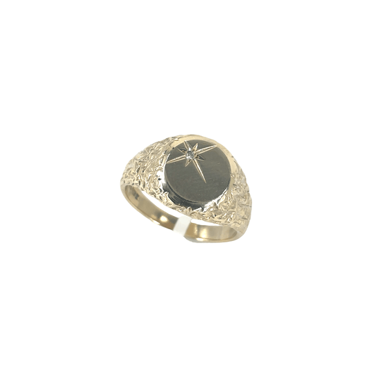 Men’s 9ct Yellow Gold Nugget Signet Ring with Round Brilliant Diamond 0.02ct Size O 1/2 4.6g - Hyman’s Jewellers