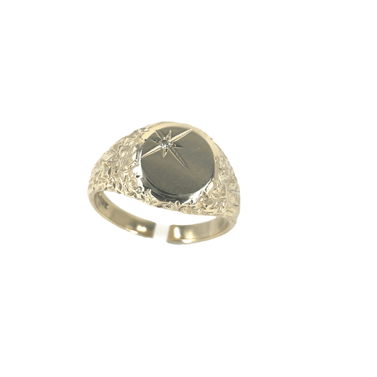 Men’s 9ct Yellow Gold Nugget Signet Ring with Round Brilliant Diamond 0.02ct Size O 1/2 4.6g - Hyman’s Jewellers