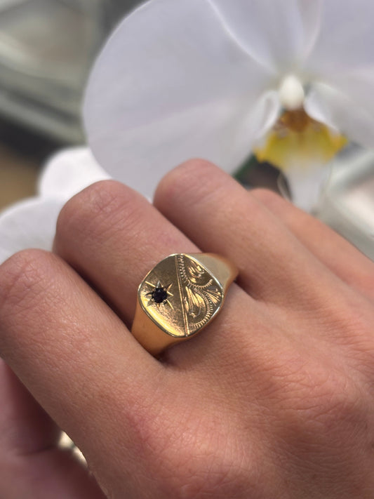Men’s 9ct Yellow Gold Signet Ring with Deep Blue Sapphire - 8.2g Size V - Hyman’s Jewellers