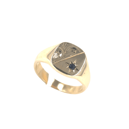Men’s 9ct Yellow Gold Signet Ring with Deep Blue Sapphire - 8.2g Size V - Hyman’s Jewellers