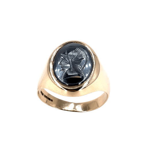 Men’s 9ct Yellow Gold Signet Ring with Intricate Engraved Hematite - 7.1g Size V - Hyman’s Jewellers