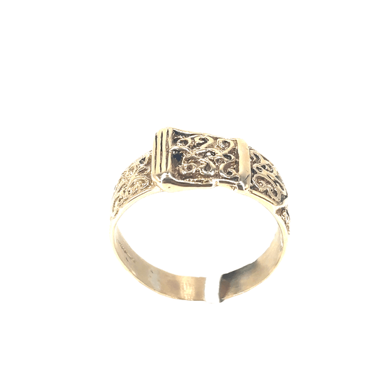 Men’s 9ct Yellow Gold Vintage Scrollwork Buckle Band Ring - 4.4g - Hyman’s Jewellers