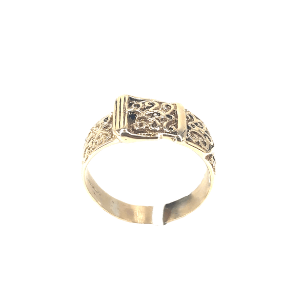 Men’s 9ct Yellow Gold Vintage Scrollwork Buckle Band Ring - 4.4g - Hyman’s Jewellers