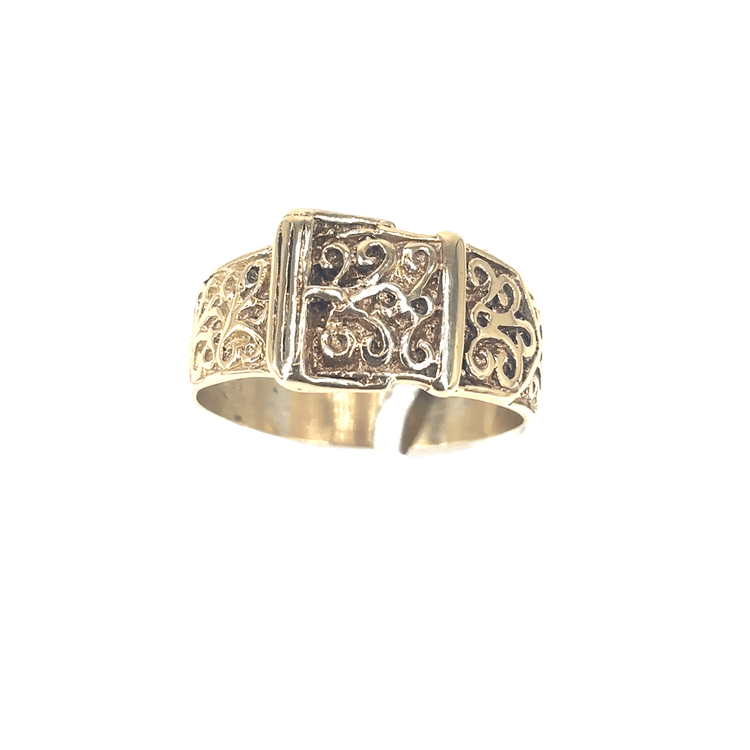 Men’s 9ct Yellow Gold Vintage Scrollwork Buckle Band Ring - 4.4g - Hyman’s Jewellers