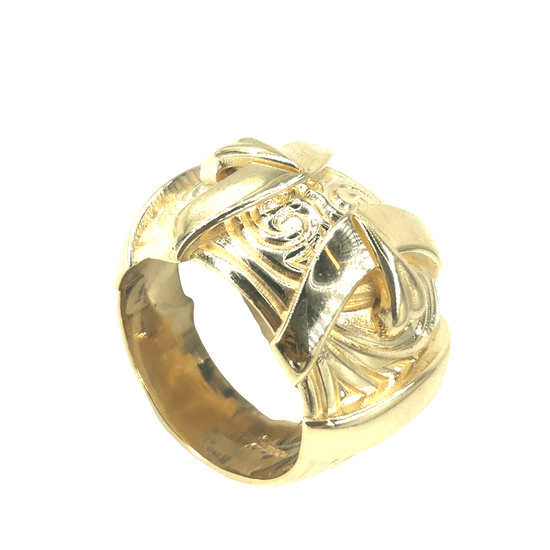 Men’s XL 9ct Yellow Gold Buckle Ring with Artistic Engraving - 61.3G - Hyman’s Jewellers