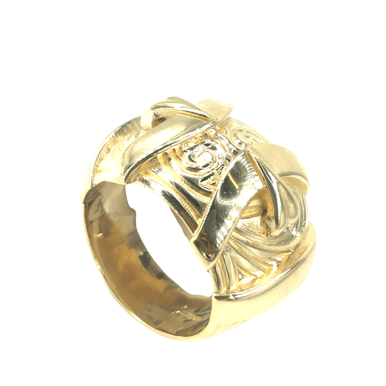Men’s XL 9ct Yellow Gold Buckle Ring with Artistic Engraving - 61.3G - Hyman’s Jewellers