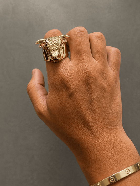Textured Bull Head Signet Ring in 9ct Yellow Gold 25.3g - Hyman’s Jewellers