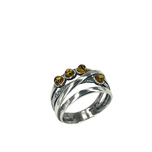 Textured Silver Crossover Ring with Amber Cabochons - Hyman’s Jewellers