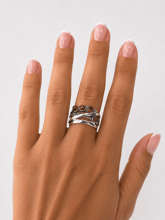 Textured Silver Crossover Ring with Amber Cabochons - Hyman’s Jewellers