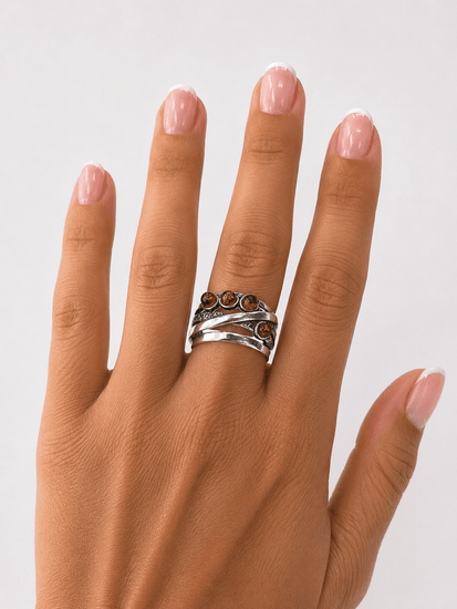 Textured Silver Crossover Ring with Amber Cabochons - Hyman’s Jewellers
