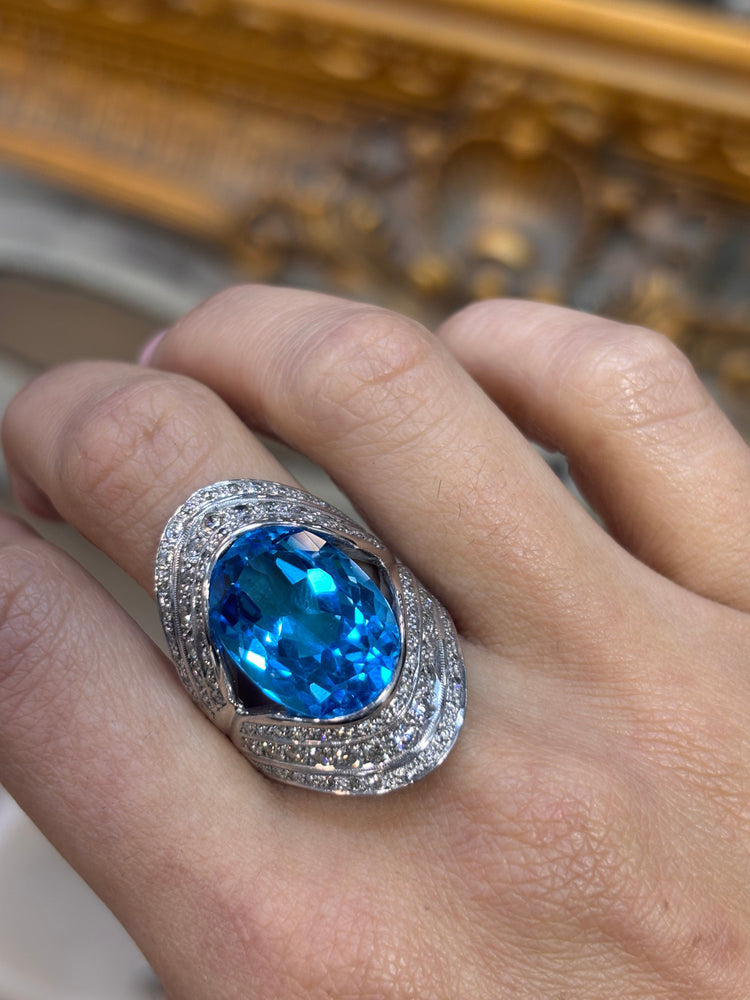 Unisex 18ct White Gold Diamond Blue Topaz Dress Ring - 2.50ct - Hyman’s Jewellers