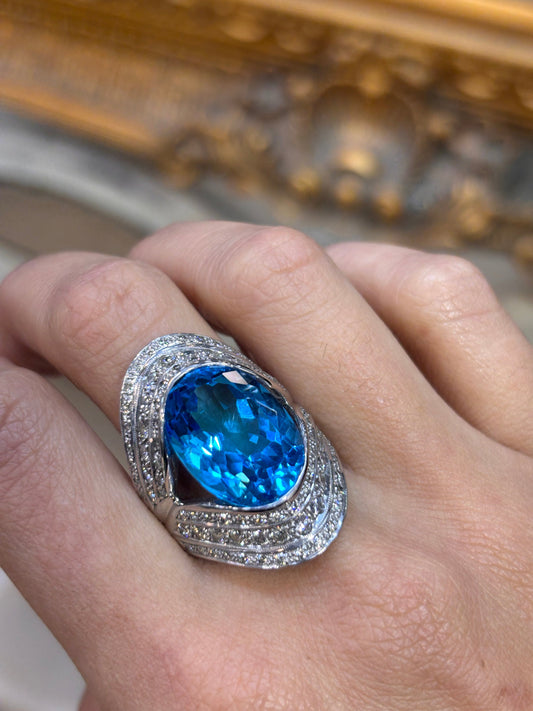 Unisex 18ct White Gold Diamond Blue Topaz Dress Ring - 2.50ct - Hyman’s Jewellers