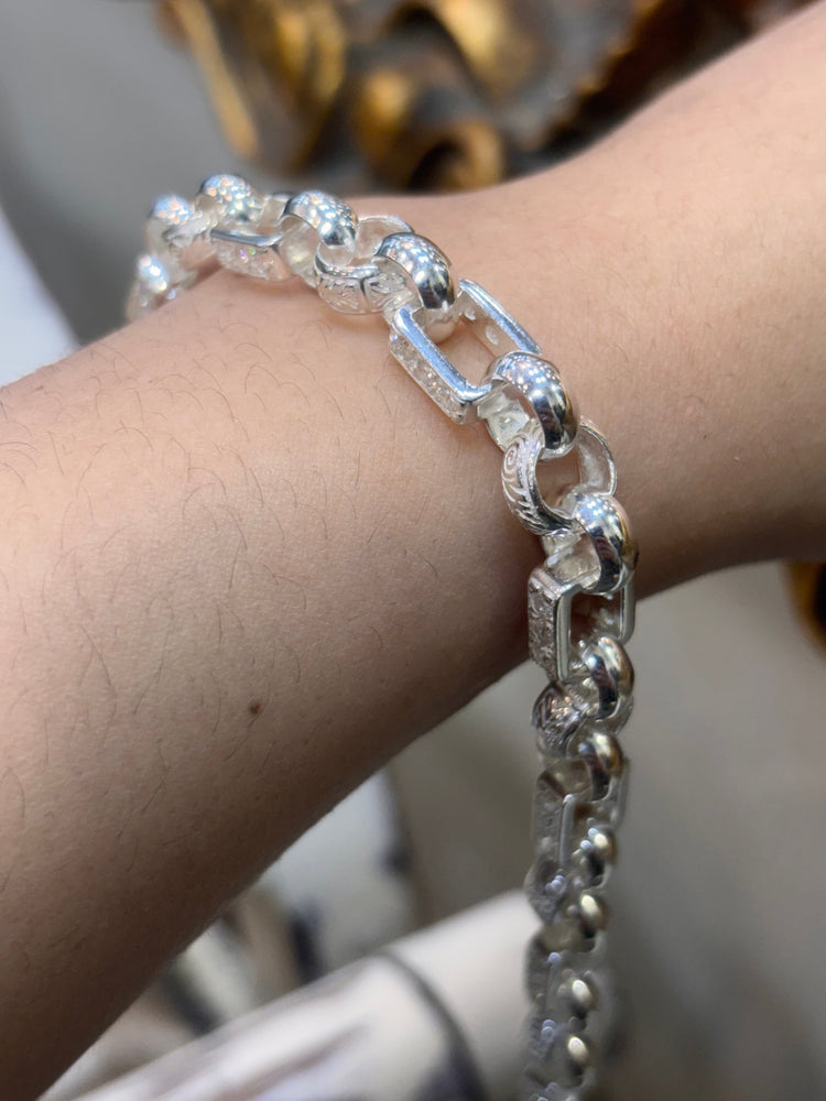 Unisex 925 Silver Engraved Square & Round Belcher Bracelet - 8” - Hyman’s Jewellers