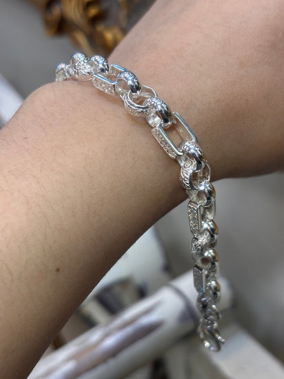 Unisex 925 Silver Engraved Square & Round Belcher Bracelet - 8” - Hyman’s Jewellers