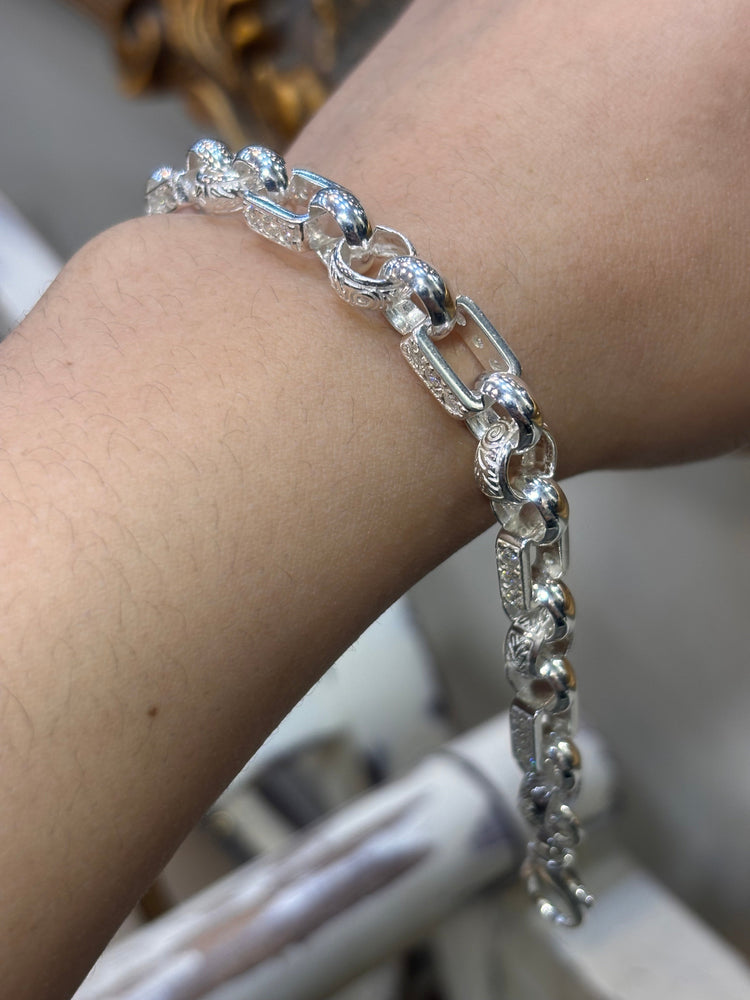 Unisex 925 Silver Engraved Square & Round Belcher Bracelet - 8” - Hyman’s Jewellers