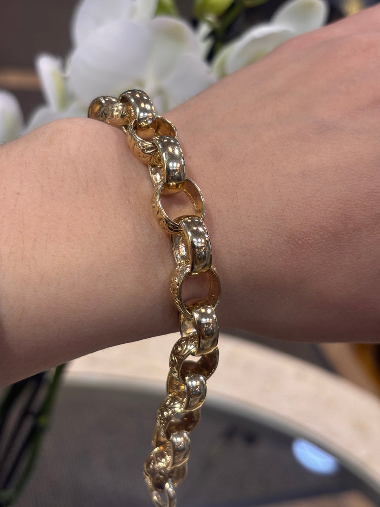 Unisex 9ct Engraved Yellow Gold Belcher Chain Bracelet - 7” 30.1g - Hyman’s Jewellers