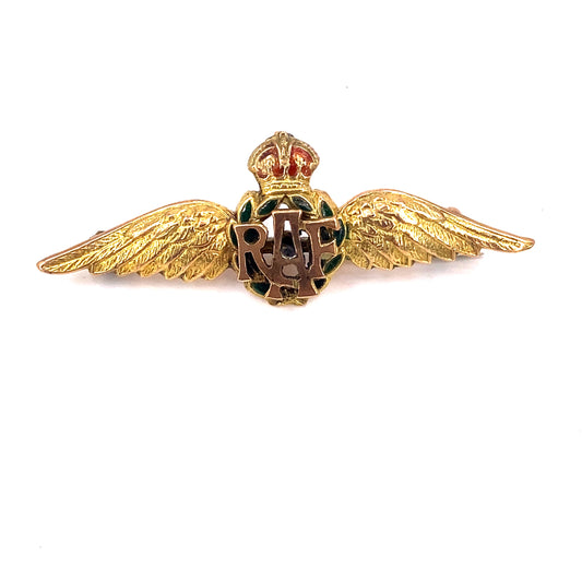 Unisex 9ct Yellow Gold Enamelled Original Vintage “RAF” Brooch - 4.1g - Hyman’s Jewellers