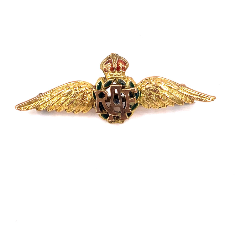 Unisex 9ct Yellow Gold Enamelled Original Vintage “RAF” Brooch - 4.1g - Hyman’s Jewellers