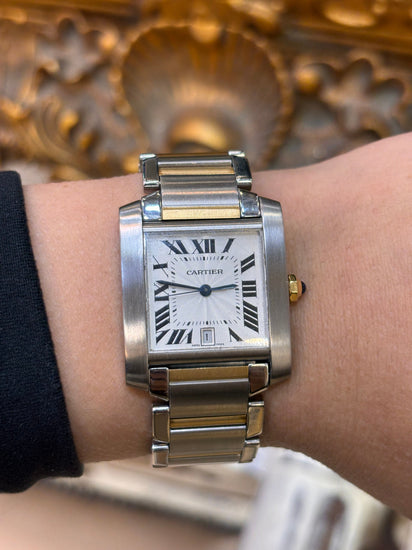 Unisex Cartier Tank stainless Steel Wristwatch with 18ct Yellow Gold Accents and Sapphire Cabochon - Hyman’s Jewellers