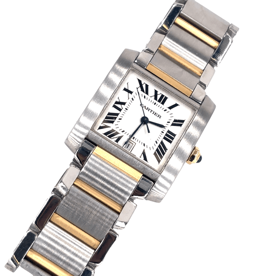 Unisex Cartier Tank stainless Steel Wristwatch with 18ct Yellow Gold Accents and Sapphire Cabochon - Hyman’s Jewellers