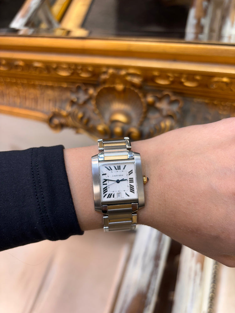 Unisex Cartier Tank stainless Steel Wristwatch with 18ct Yellow Gold Accents and Sapphire Cabochon - Hyman’s Jewellers
