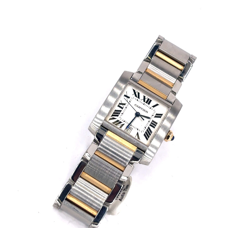 Unisex Cartier Tank stainless Steel Wristwatch with 18ct Yellow Gold Accents and Sapphire Cabochon - Hyman’s Jewellers