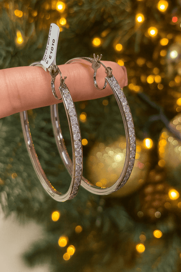 Women’s 10ct White Gold Hoop Earrings with Brilliant Cut Cz Stones - 2.5” 12.1g - Hyman’s Jewellers