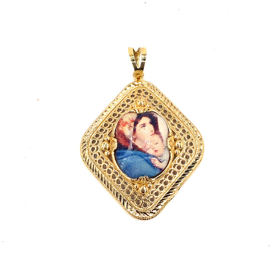Women’s 14ct Yellow Gold “Mary & Child” Porcelain Tile Pendant - Hyman’s Jewellers
