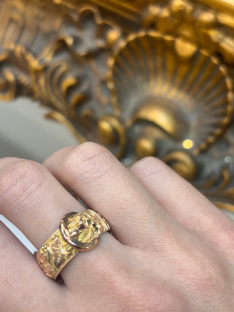 Women’s 16ct Artisan Crafted Yellow Gold Buckle Ring with Artistic Engraving - Hyman’s Jewellers