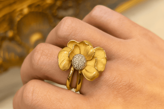 Women’s 18ct Anna Maria Cammilli Firenze Diamond Flower Ring Frosted Edges - 0.40ct - Hyman’s Jewellers