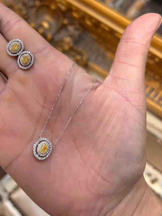 Women’s 18ct Necklace & Earrings with Fancy Yellow Round Brilliant Cut Diamond Set - Earrings 1.4ct Pendant 0.70ct - Hyman’s Jewellers