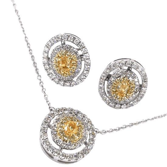 Women’s 18ct Necklace & Earrings with Fancy Yellow Round Brilliant Cut Diamond Set - Earrings 1.4ct Pendant 0.70ct - Hyman’s Jewellers