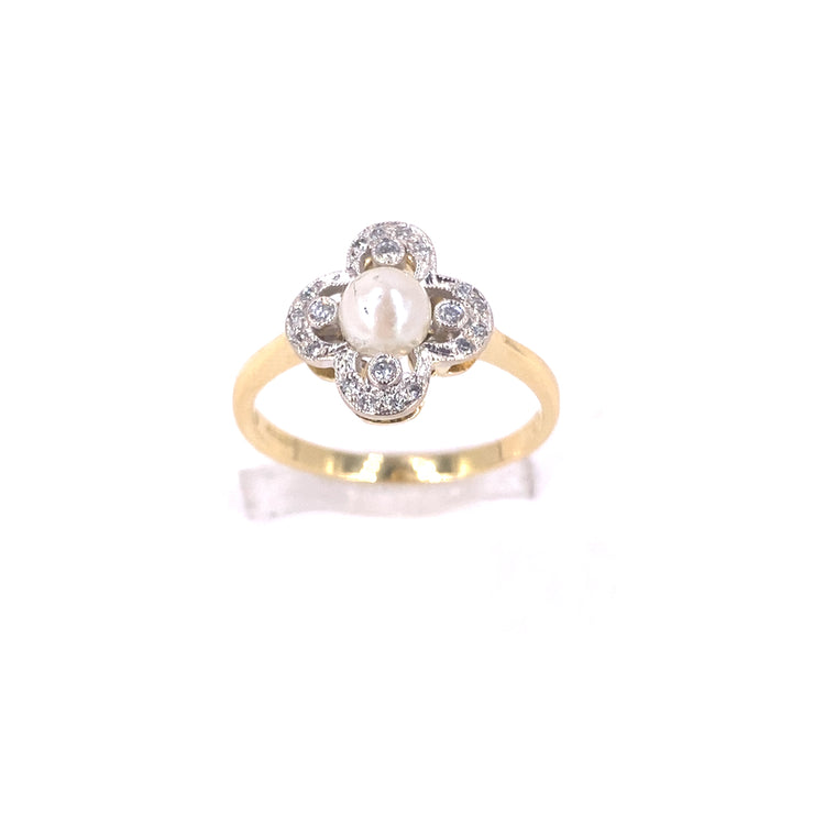 Women’s 18ct Yellow Antique Gold Pearl Diamond Ring - 3.4g 0.30ct - Hyman’s Jewellers