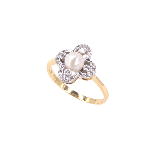Women’s 18ct Yellow Antique Gold Pearl Diamond Ring - 3.4g 0.30ct - Hyman’s Jewellers
