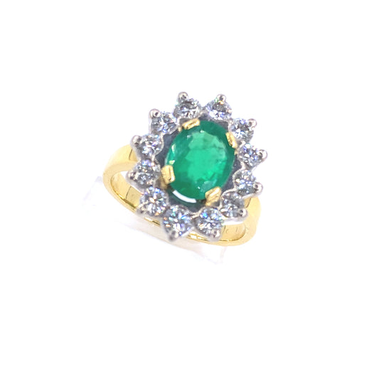 Women’s 18ct Yellow Gold Diamond Emerald Cocktail Flower Ring - 1.20ct - Hyman’s Jewellers