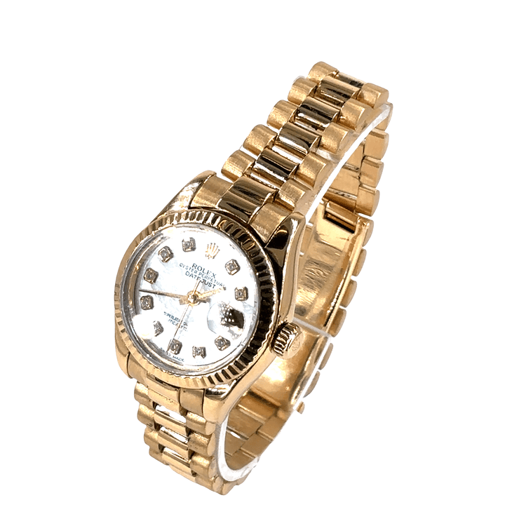 Women’s 18ct Yellow Gold Rolex Datejust Diamond Watch with Mother Of Pearl Dial Diamond Dot - 26mm - Hyman’s Jewellers