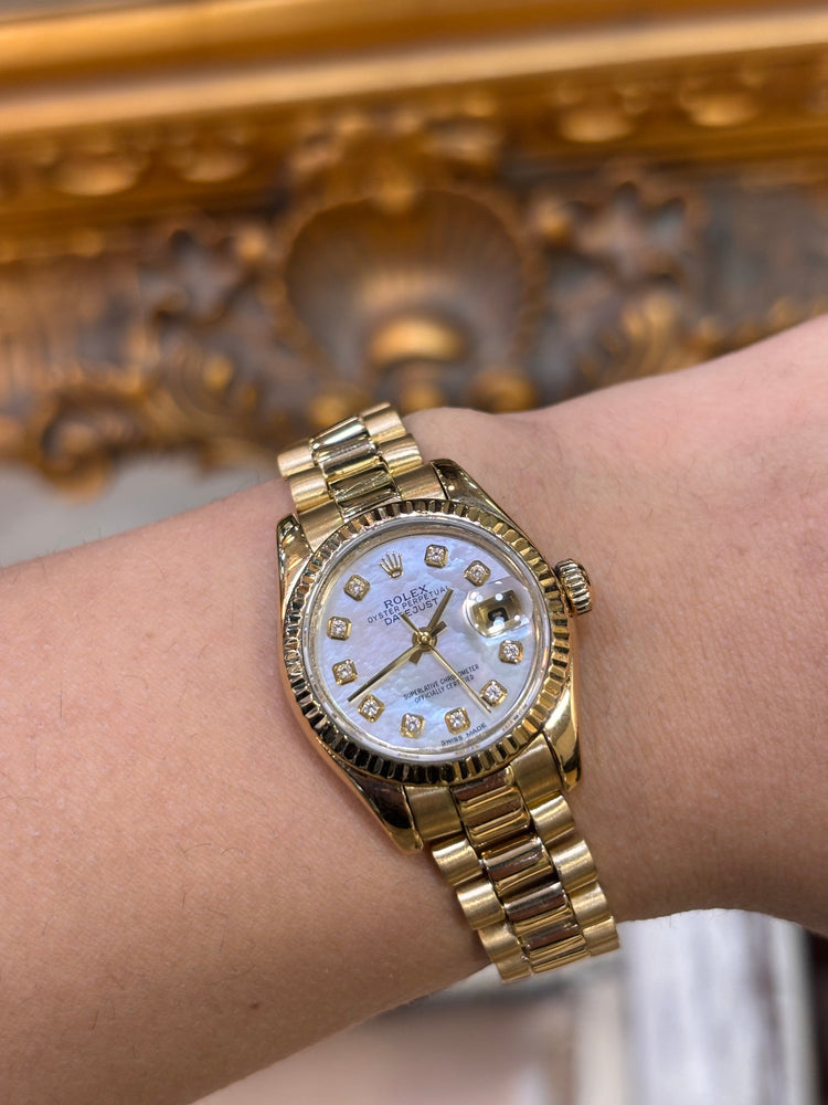 Women’s 18ct Yellow Gold Rolex Datejust Diamond Watch with Mother Of Pearl Dial Diamond Dot - 26mm - Hyman’s Jewellers