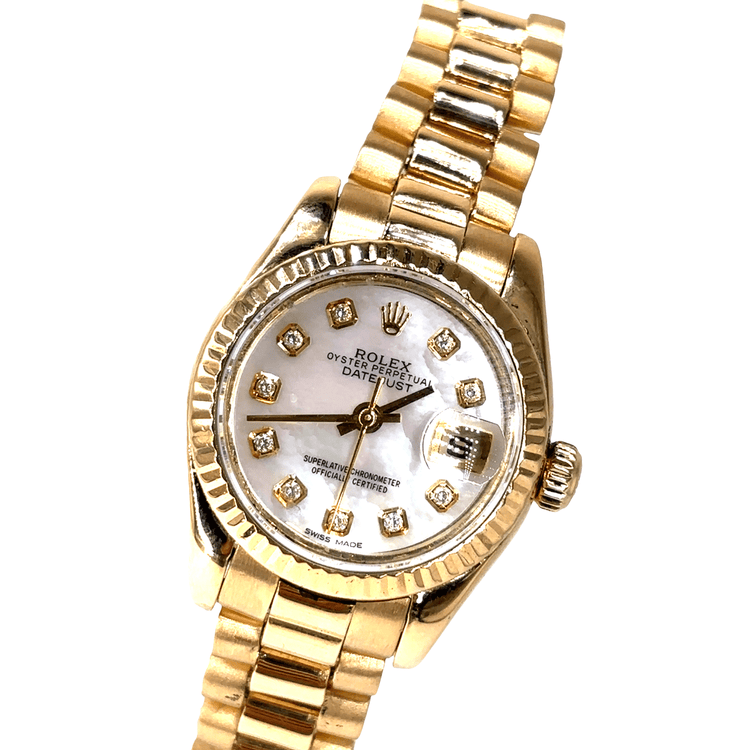 Women’s 18ct Yellow Gold Rolex Datejust Diamond Watch with Mother Of Pearl Dial Diamond Dot - 26mm - Hyman’s Jewellers