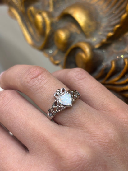 Women’s 925 Sterling Silver Celtic Openwork Heart Lab Opal Ring - Hyman’s Jewellers