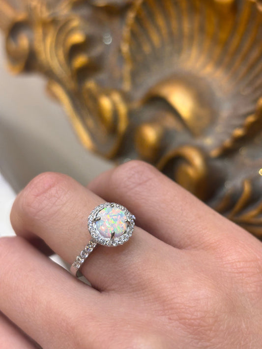 Women’s 925 Sterling Silver Cz Halo Lab Opal Ring - Hyman’s Jewellers