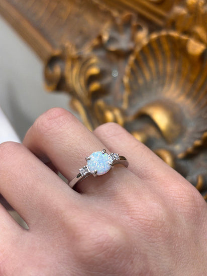 Women’s 925 Sterling Silver Four Claw Lab Opal Ring - Hyman’s Jewellers