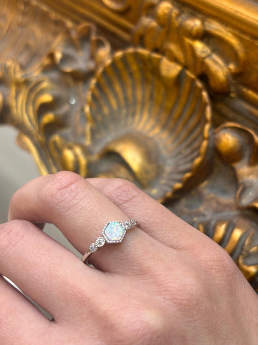Women’s 925 Sterling Silver Hexagon Shaped Setting Lab Opal Ring - Hyman’s Jewellers
