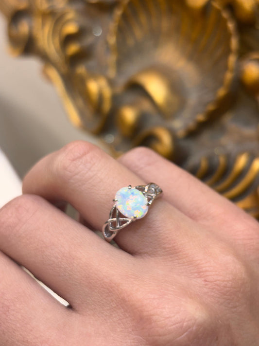 Women’s 925 Sterling Silver Oval Cut Lab Opal & Celtic Openwork Ring - Hyman’s Jewellers