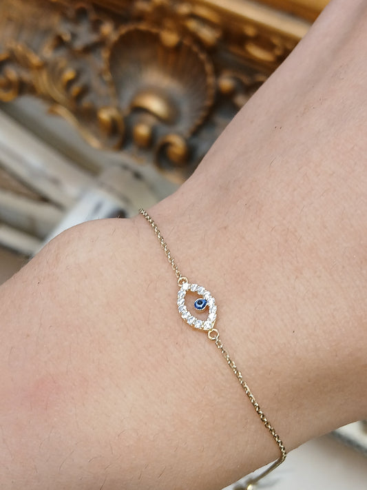 Women's 9ct CZ & Vivid Blue Glass "Evil Eye" Yellow Gold Chain Bracelet - Hyman’s Jewellers